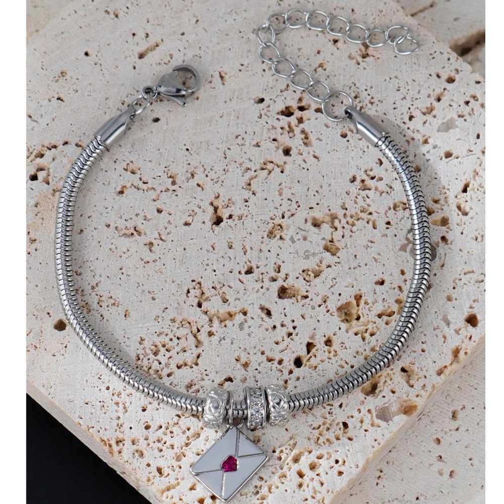 Stainless Steel Cubic Zirconia Envelope Pendant Adjustable bracelet - Picture 5 of 6